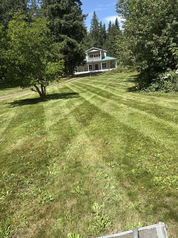 Freshly mowed striped lawn leading up to a two-story home with a green metal roof